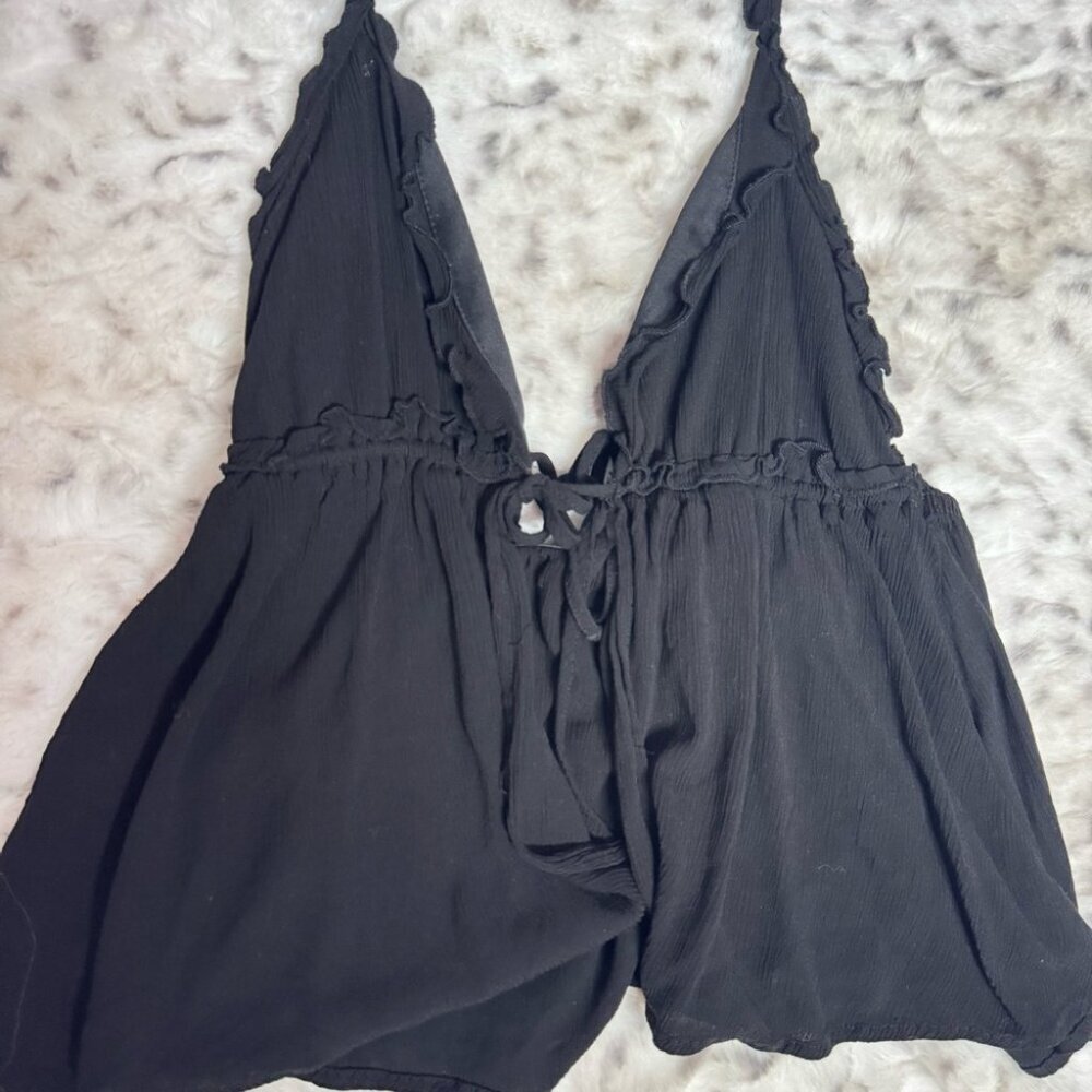 Forever 21 tank top open tie up ribbon π front halter black cute flowy boho - Picture 2 of 5